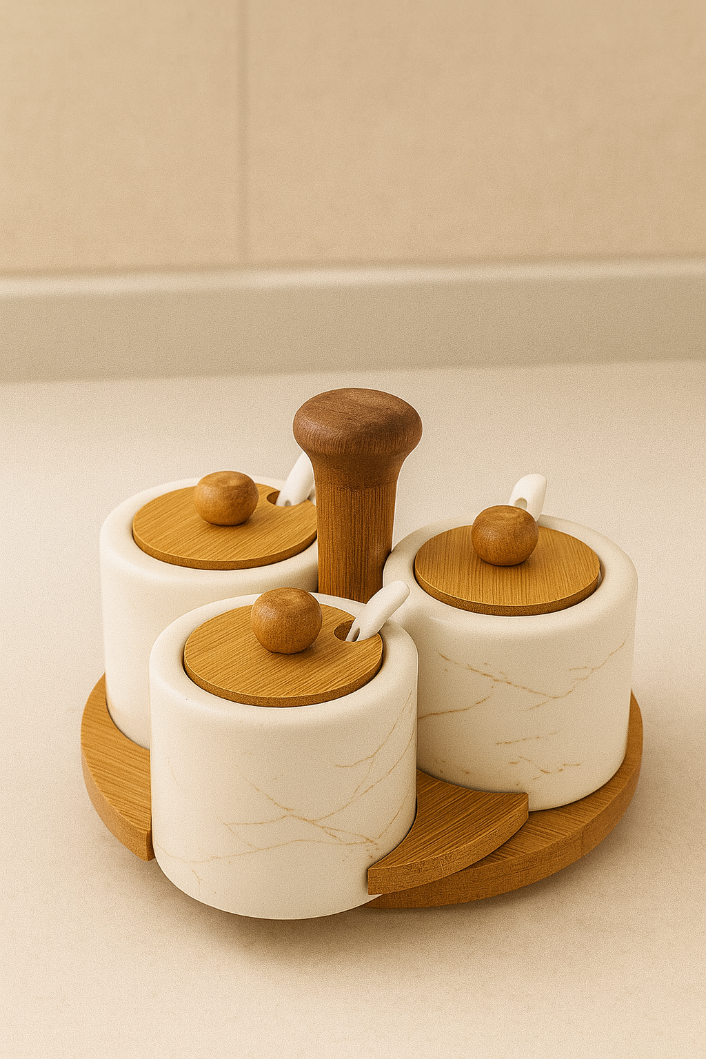 Elegant Bamboo Condiment Set on Countertop